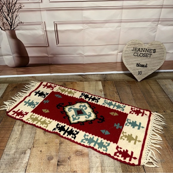 Vintage Woven Boho Wool Table Runner Tribal Rustic Fringe Loomed Kilim Rug